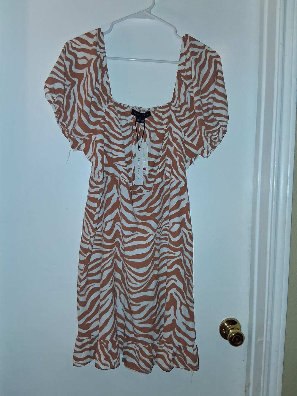 Sanctuary Rust and White Zebra-Print Puff Sleeve Mini Dress